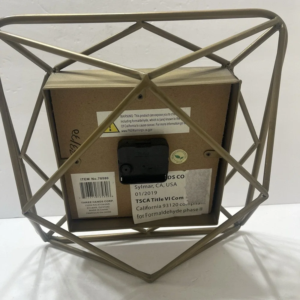 Gold Toned Geometric Metal Wire Desk Clock Square Face Black Numbers Battery